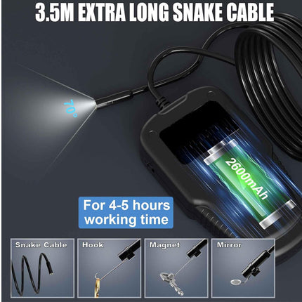 A black snake camera cable with a flexible probe, coiled cord, and attached battery pack on a dark background. Large text at the top reads '3.