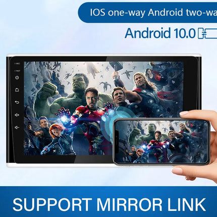 Smartphone displaying superhero characters with a larger screen showing more characters, held by a hand.