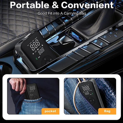 A black portable electronic device with a digital display, shown plugged into a car center console. The image includes marketing text reading 'Portable & Convenient' and two inset photos at the bottom demonstrating the device fitting into a pocket and inside a bag.