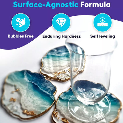 Coasters with a glass on a white surface, featuring text about a 'Surface-Agnostic Formula'.