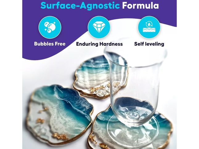 Coasters with a glass on a white surface, featuring text about a 'Surface-Agnostic Formula'.