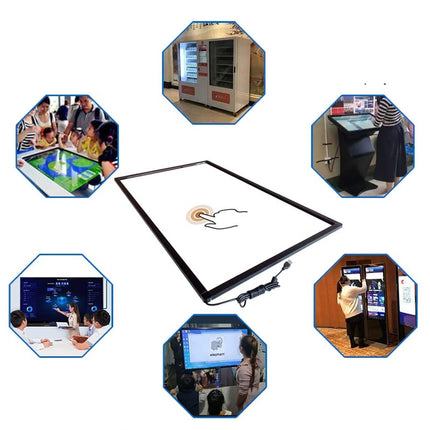 A large rectangular light box with a black frame and a white interior sits in the center on a white background, surrounded by six octagonal inset photos showing people using interactive touchscreen kiosks and gaming devices in different indoor settings.