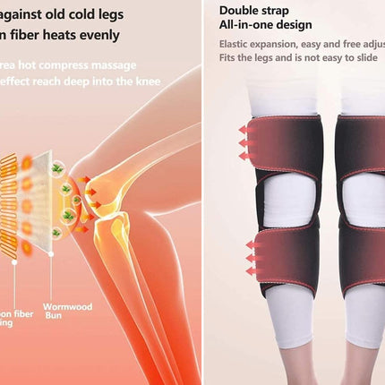 A split informational product image showing a knee support brace on human legs on the right and a knee joint diagram on the left. The right side shows a double-strap knee brace in black and burgundy with white inserts, with text describing elastic expansion and adjustable fit.