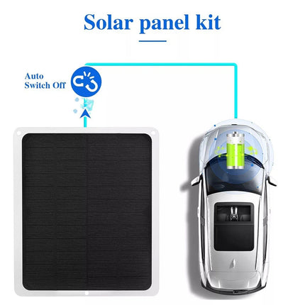 Solar panel kit with a car and battery illustration on a white background