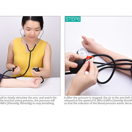 Two steps showing a person taking blood pressure with a device.