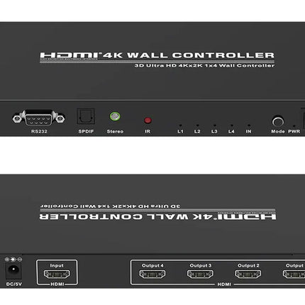 HDMI 4K wall controller with front and back views on a white background