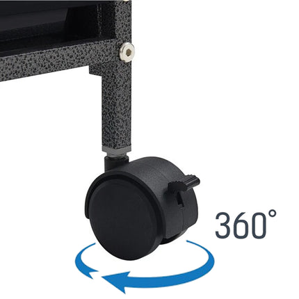 Black caster wheel with 360-degree rotation on a white background