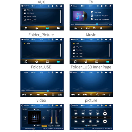 A collage of eight screenshots showing different interface panels labeled AUX, FM, Folder_Picture, Music, Folder_USB, Folder_USB Inner Page, video, and picture, all on a white background.