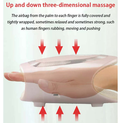 An instructional graphic showing a hand using a pink massage airbag device, with red arrows indicating up and down three-dimensional massage motion and text describing the wrapping and pressure.