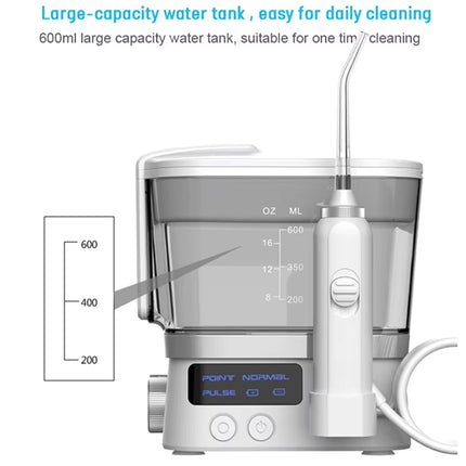 A white and gray oral irrigator water flosser with a large water tank, shown on a white background with Chinese text at the top and a small capacity diagram on the left.