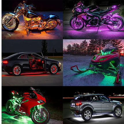 A 3x2 collage showing six different vehicles illuminated by colorful underglow lights: a motorcycle with orange light, a sportbike with purple light, a black car with red light, a snowmobile with green light, a red motorcycle with green light, and a silver SUV with white light.