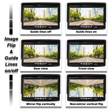 Multiple views of a vehicle monitor with flip and guide line options on a white background.