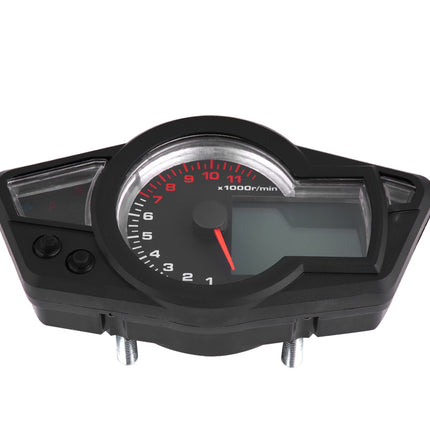 A black motorcycle or scooter dashboard instrument cluster with a tachometer, red needle, and digital display screen, isolated on a white background.