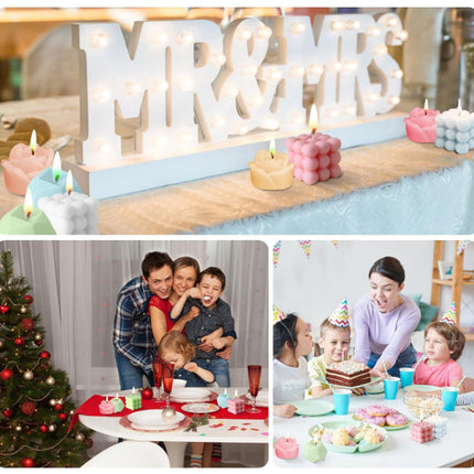 Decorative setup with 'MR & MRS' sign and family celebration scenes.