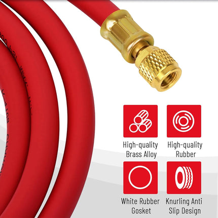 A red industrial hose with a brass connector shown on a white background, alongside feature callouts for high-quality brass alloy, rubber, gasket, and knurling design.