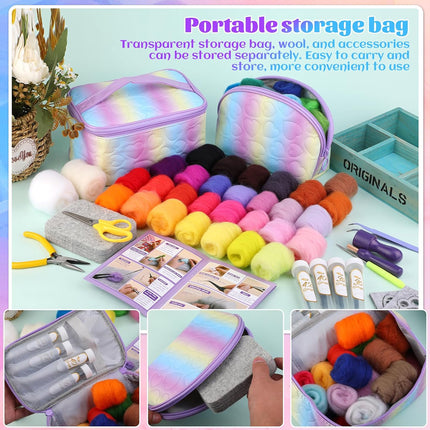 A portable storage bag set shown in a collage layout with text at the top. The main product is a pastel rainbow iridescent zippered storage bag, shown open and closed, filled with colorful wool balls, scissors, needles, and other sewing or craft accessories.