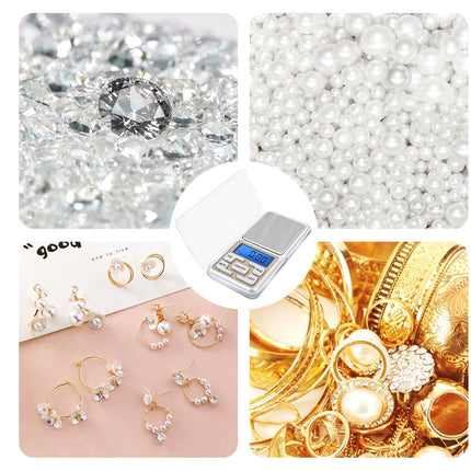 Collage of jewelry items including earrings, gold jewelry, and a scale on a white background.