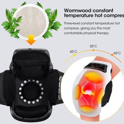 Black wearable hot compress device on a light gray background with informational graphics, including a circular inset showing a wrist with heat levels 45°C, 55°C, and 65°C and text describing wormwood constant temperature hot compress.