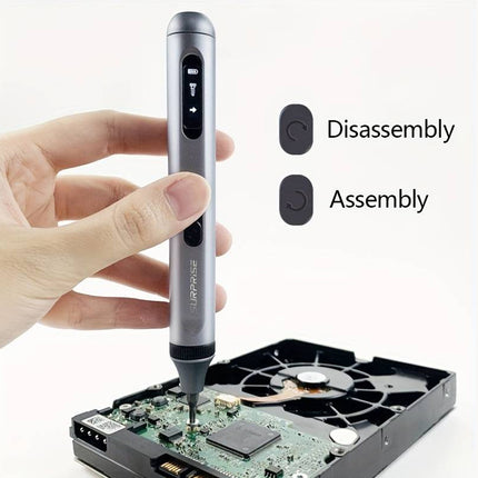 Hand using a small tool on a computer hard drive with 'Disassembly' and 'Assembly' labels.