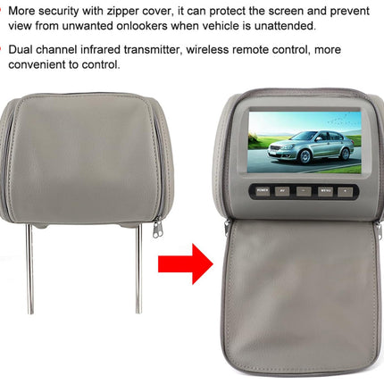 A gray zippered car headrest cover shown in two views on a white background, with text bullets at the top describing features and a red arrow pointing from the closed front view to the open back view showing a small screen.