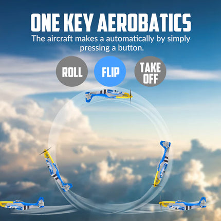 Aerobatic drone performance with text 'One Key Aerobatics' against a cloudy sky background.