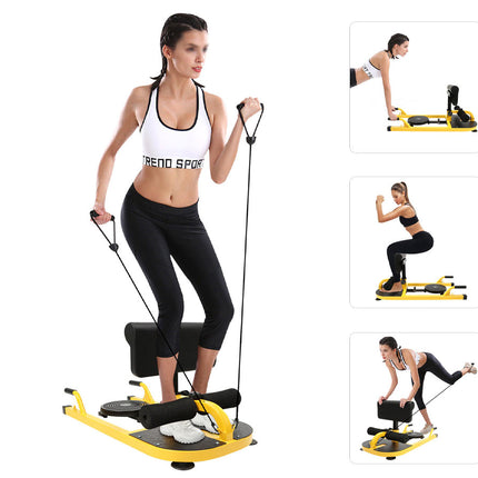 Woman using a yellow exercise device with inset images showing different angles.