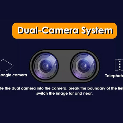 Diagram of a dual-camera system with ultra wide-angle and telephoto cameras on a dark background.