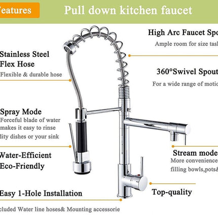 Pull down kitchen faucet with features listed on a white background