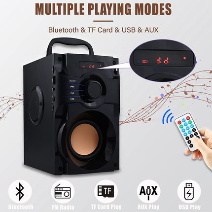 Black speaker with multiple playing modes including Bluetooth, TF card, USB, and AUX on a light gray background.