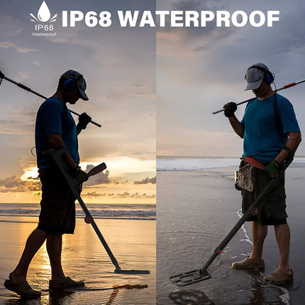 Person using a metal detector on a beach with 'IP68 Waterproof' text overlay.