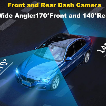 Car with front and rear dash camera coverage shown, highlighting wide angles.