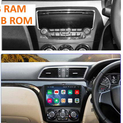 Car dashboard with digital display showing 1GB RAM and 32GB ROM, followed by a car interior with a modern infotainment system.