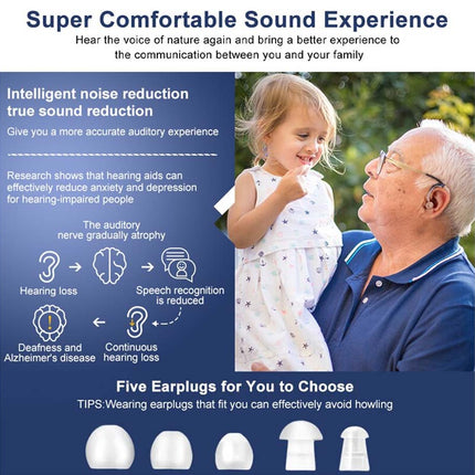 Advertisement for hearing aid products with a man and child, featuring text about noise reduction and sound experience.
