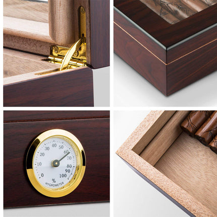 Walnut Wood Cigar Humidor Box for 35 Cigars | Hygrometer Humidifier Glass Top Storage Case