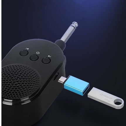 A black portable Bluetooth speaker with an antenna, shown with a light blue USB-C dongle plugged in and a white USB drive attached, on a dark blue gradient background.