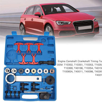 Engine camshaft crankshaft timing tool set with a red car in the background