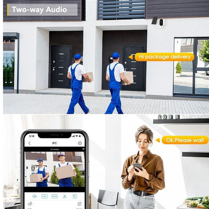 Two delivery workers with packages, smartphone app interface, and a person using the app.