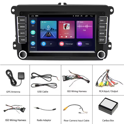 Car stereo system with touchscreen display and various connection cables on a white background