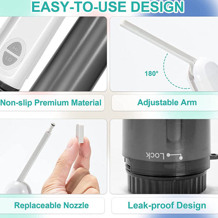 Product features with text on an easy-to-use design including non-slip material, adjustable arm, replaceable nozzle, and leak-proof design.