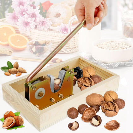 Wooden nutcracker with nuts on a white background