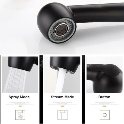 Black faucet with spray mode, stream mode, and button functions on a white background