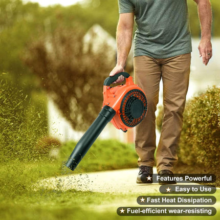 Person holding a leaf blower in a garden setting with text highlighting features.