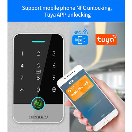 A digital lock keypad with a fingerprint sensor and numeric keypad, shown alongside a hand holding a smartphone displaying an NFC card, with text and logos indicating mobile phone and Tuya app unlocking support.