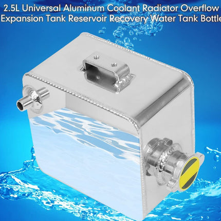 A 2.5L aluminum coolant radiator overflow expansion tank reservoir bottle with a yellow cap, shown against a blue water splash background with product text at the top.