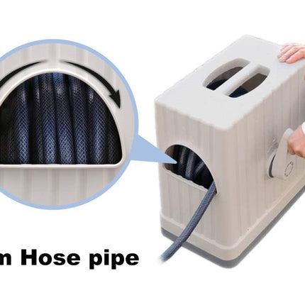 Portable device with a 30m hose pipe extension, showing close-up of the hose.