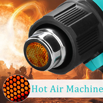 Hot air machine nozzle with fiery background and close-up detail