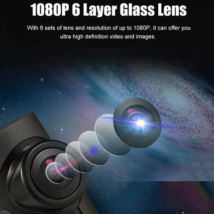 A close-up promotional graphic of a camera lens with layered transparent glass elements and bright light rays, set against a dark space-like background. White text at the top reads '1080P 6 Layer Glass Lens' and describes high resolution and image quality.