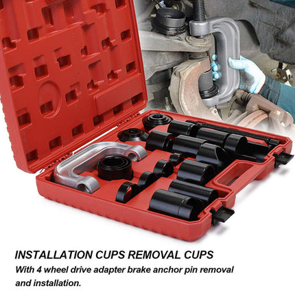 Red tool kit with installation cups and removal cups for automotive repair.