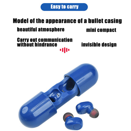Blue earbud case with earbuds on a white background