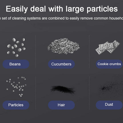 Cleaning system effectiveness with various particles on a dark background
